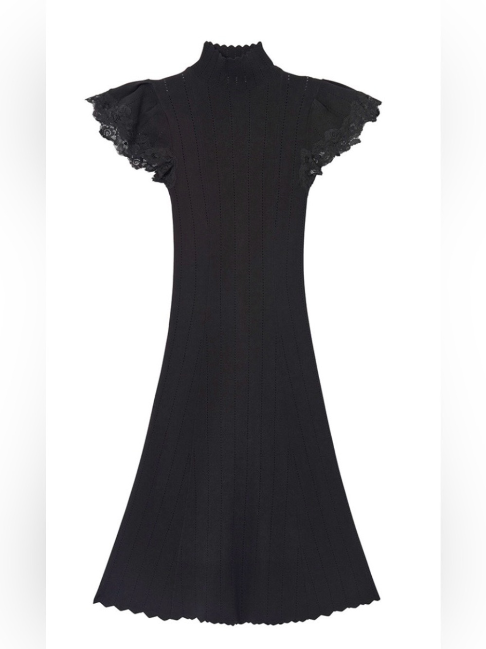 Rebecca Taylor Black Crochet Knit Flutter-Sleeve Midi Dress